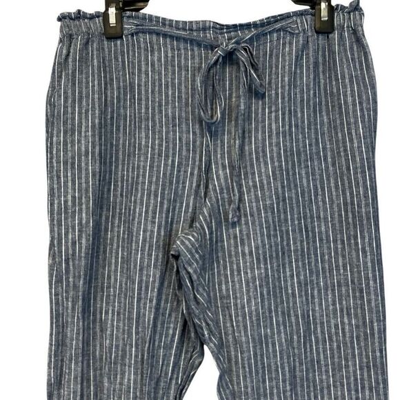 BEACH LUNCH LOUNGE Paperbag Pants Women's Large Blue White Striped Linen Blend - Picture 2 of 13